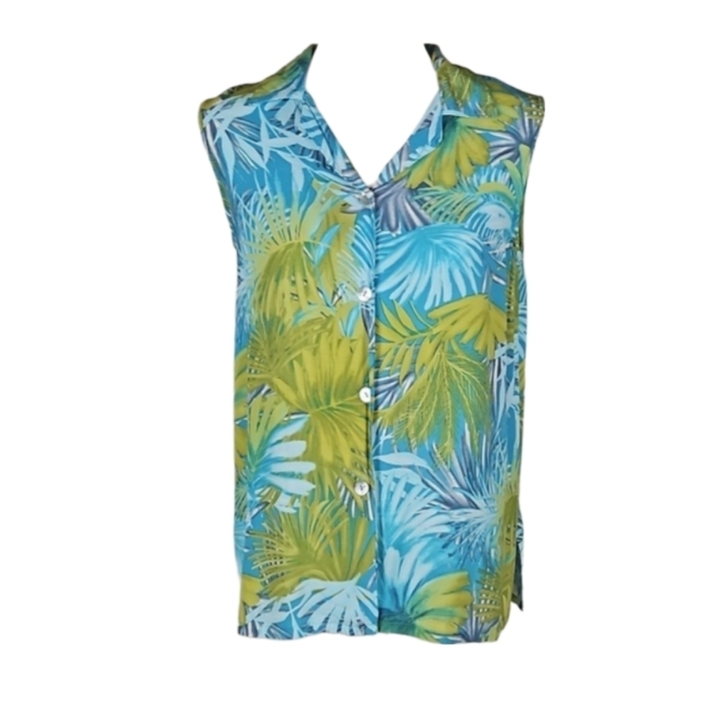 Clio Soft Tropical Sleeveless Button Down Shirt, Relaxed Fit, Size S